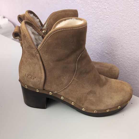 UGG Cam 2 Suede Sheepskin Chunky Heel Ankle Boots Zip Women's 8 Chestnut 1013599 - Picture 1 of 7